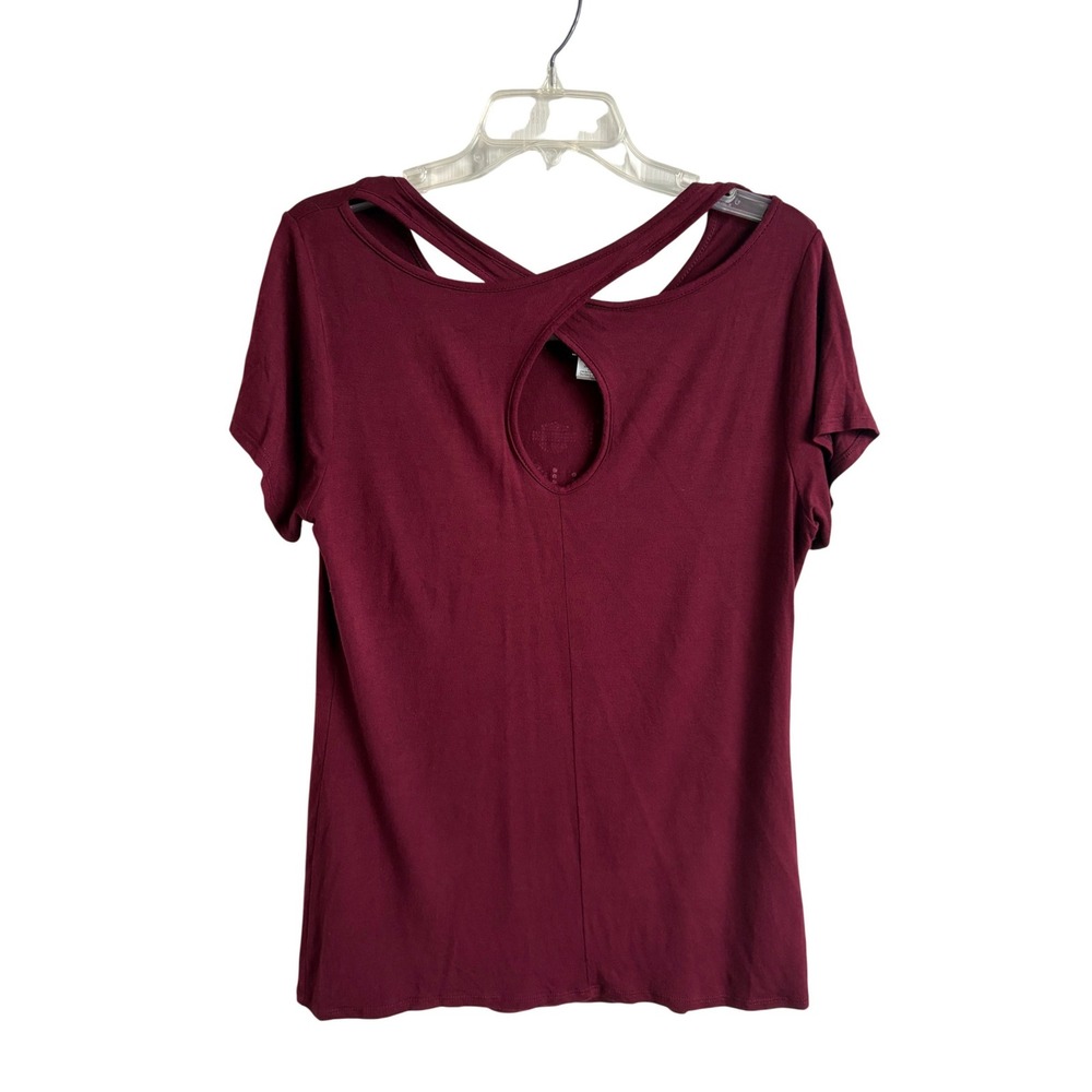 Harley Davidson Womens XL Rhinestone Logo Tee Burgundy Crisscross Back Shirt - Picture 2 of 9